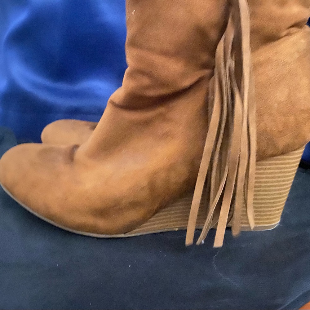 TORRID, Cognac Fringe Faux Suede, Wedge Heel
